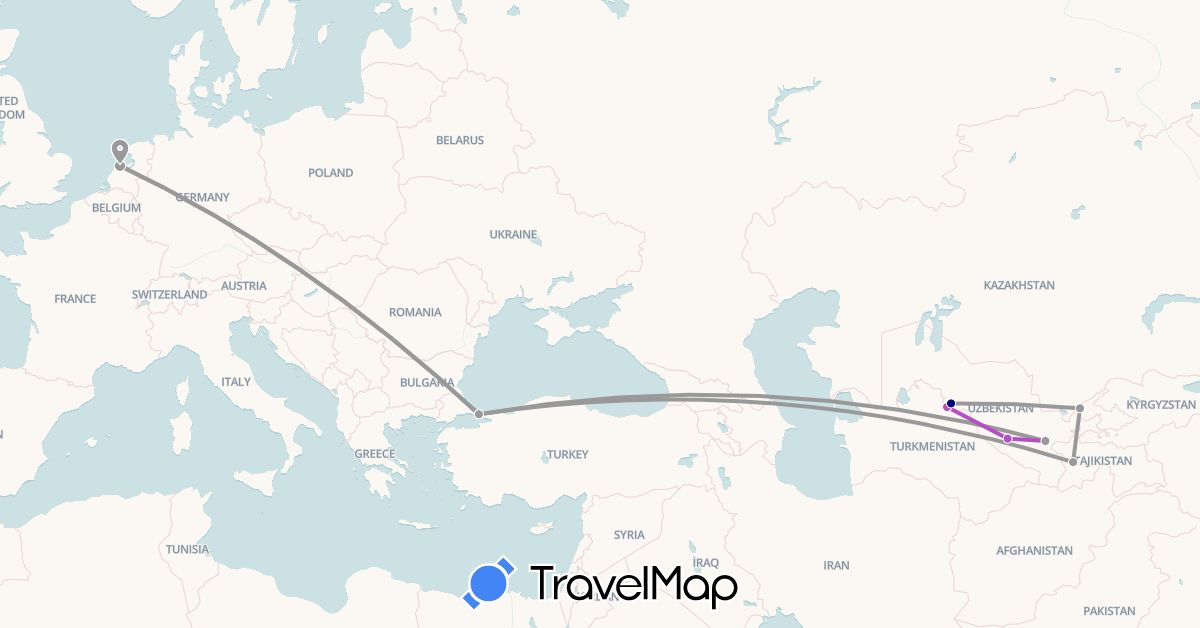 TravelMap itinerary: driving, plane, train in Netherlands, Tajikistan, Turkey, Uzbekistan (Asia, Europe)